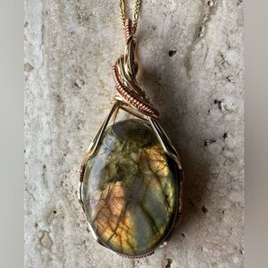 Tarnish Resistant Grounding Copper Labradorite Necklace Pendant & leather cord